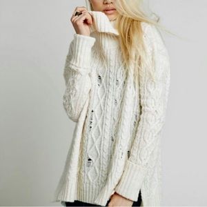 Free People Complex Cable Knit Cowl Neck Distressed Sweater